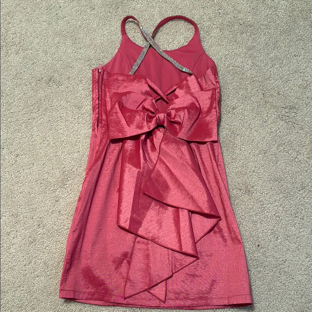 Girls Hot Pink Dress with Rhinestone and Bow Back